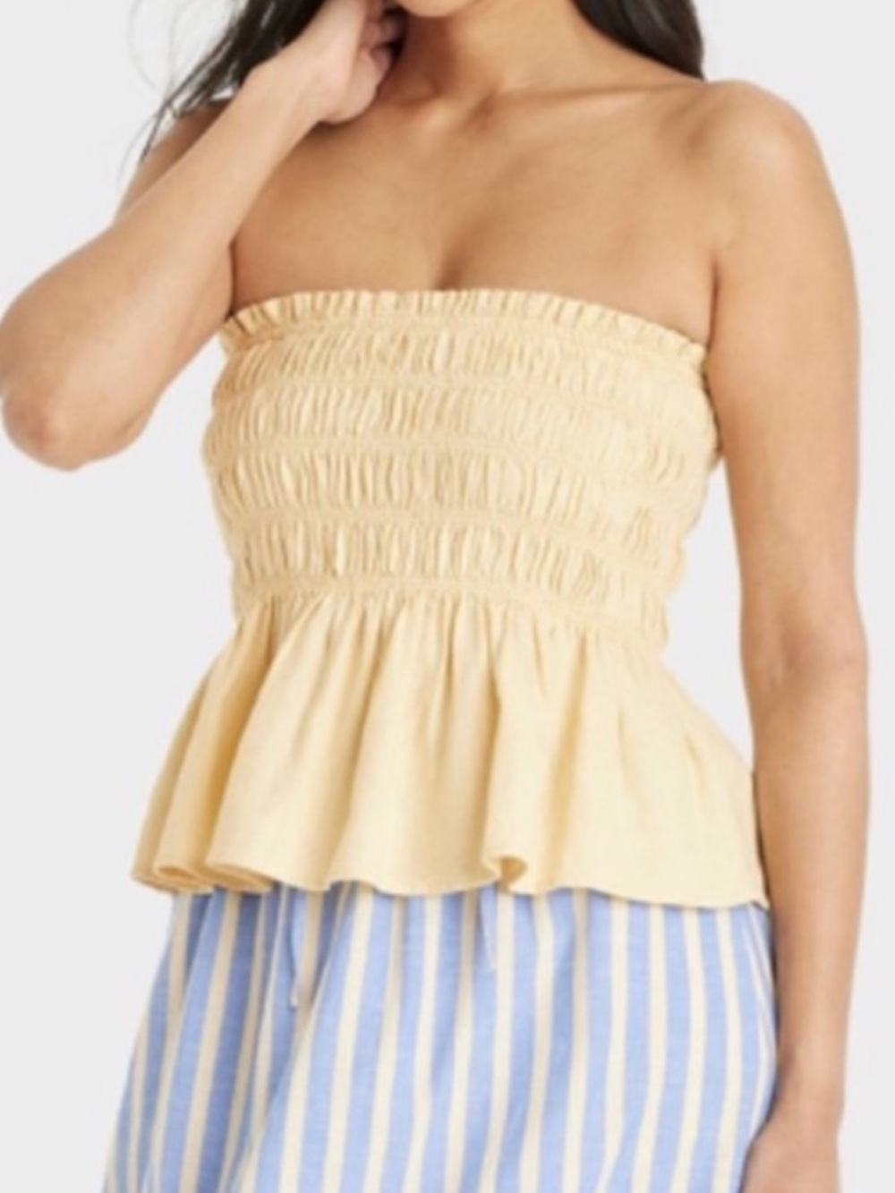 Universal Thread L Strapless Smocked Peplum Top in Pale Yellow